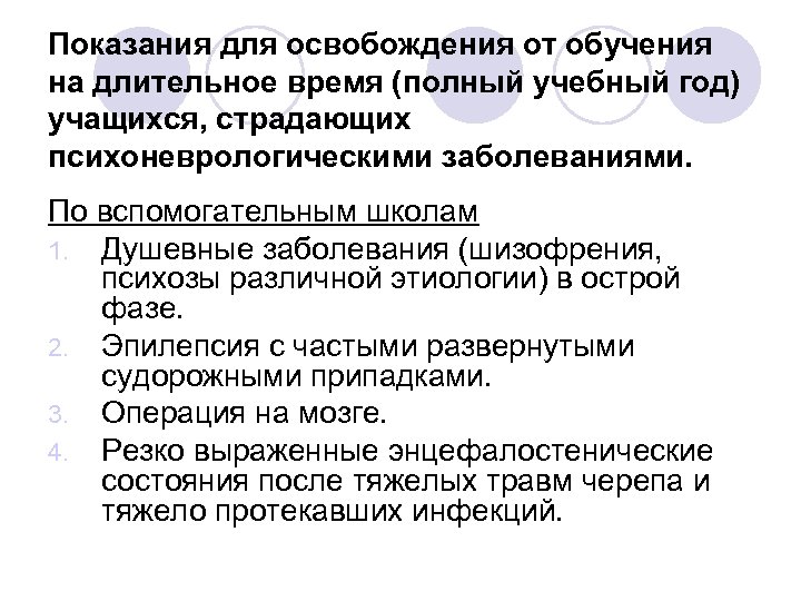 Показания для освобождения от обучения на длительное время (полный учебный год) учащихся, страдающих психоневрологическими