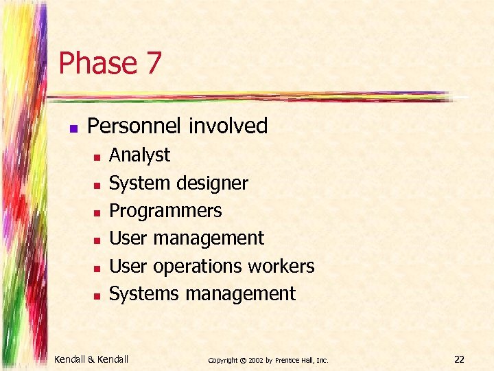 Phase 7 n Personnel involved n n n Analyst System designer Programmers User management