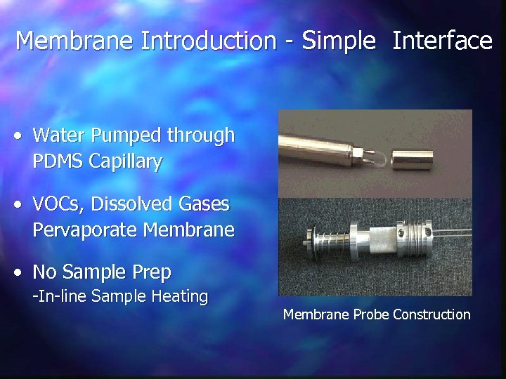 Membrane Introduction - Simple Interface • Water Pumped through PDMS Capillary • VOCs, Dissolved