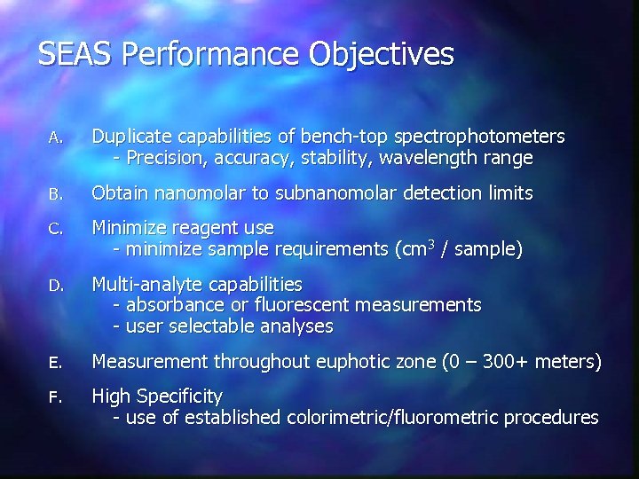 SEAS Performance Objectives A. Duplicate capabilities of bench-top spectrophotometers - Precision, accuracy, stability, wavelength