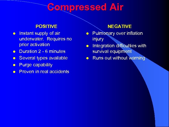 Compressed Air l l l POSITIVE Instant supply of air underwater. Requires no prior