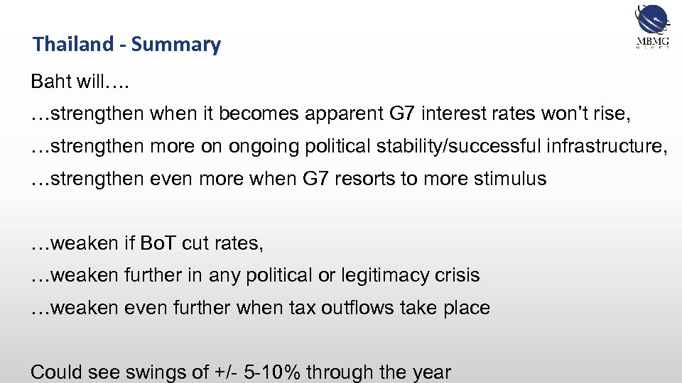 Thailand - Summary Baht will…. …strengthen when it becomes apparent G 7 interest rates