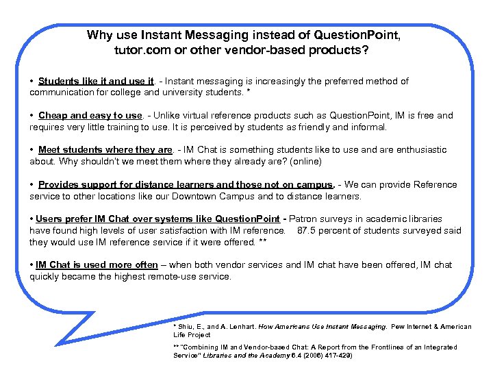 Why use Instant Messaging instead of Question. Point, tutor. com or other vendor-based products?