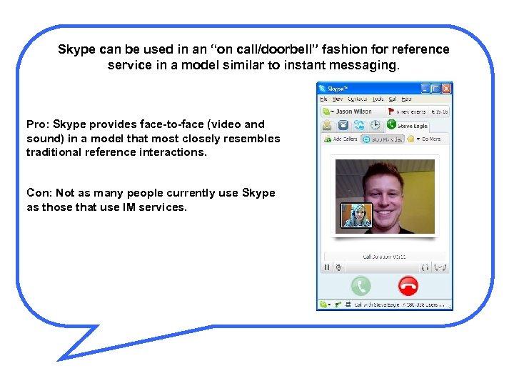 Skype can be used in an “on call/doorbell” fashion for reference service in a