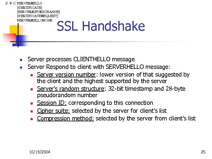 S C: SERVERHELLO [CERTIFICATE] [SERVERKEYEXCHANGE] [CERTIFICATEREQUEST] SERVERHELLODONE SSL Handshake n n Server processes CLIENTHELLO