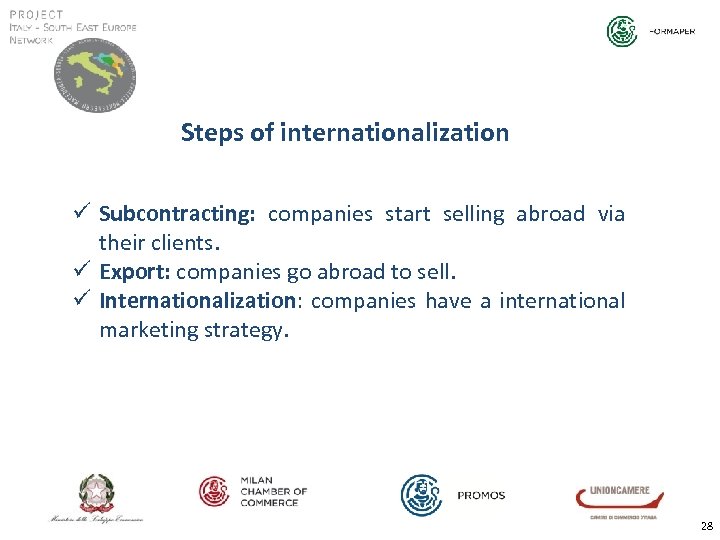 Steps of internationalization ü Subcontracting: companies start selling abroad via their clients. ü Export: