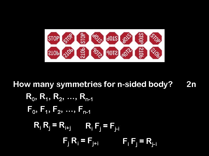 How many symmetries for n-sided body? R 0, R 1, R 2, …, Rn-1