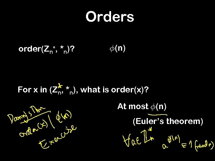 Orders order(Zn*, *n)? Á(n) For x in (Zn, *n), what is order(x)? At most