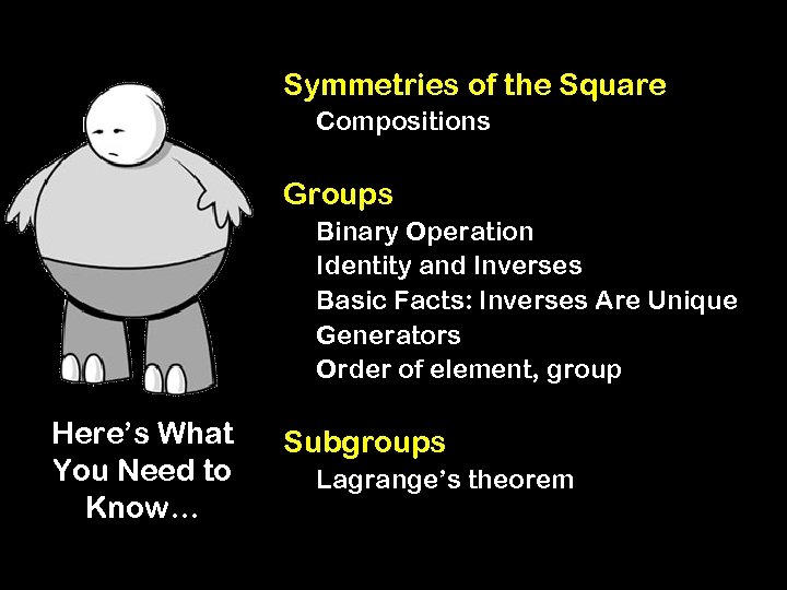 Symmetries of the Square Compositions Groups Binary Operation Identity and Inverses Basic Facts: Inverses