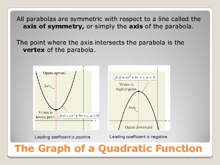 All parabolas are symmetric with respect to a line called the axis of symmetry,