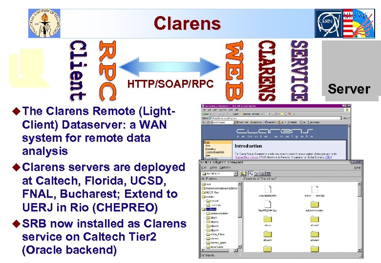 Clarens HTTP/SOAP/RPC u The Clarens Remote (Light- Client) Dataserver: a WAN system for remote
