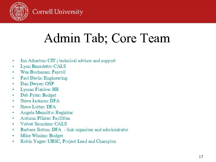 Admin Tab; Core Team • • • • Jon Atherton: CIT ; technical advisor