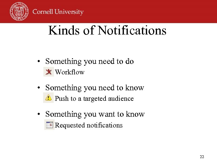 Kinds of Notifications • Something you need to do – Workflow • Something you