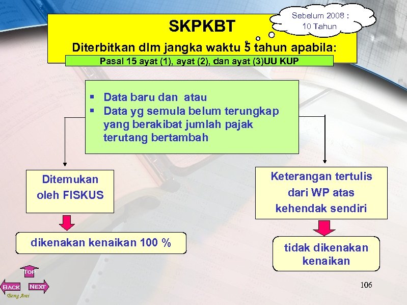 Sebelum 2008 : 10 Tahun SKPKBT Diterbitkan dlm jangka waktu 5 tahun apabila: Pasal