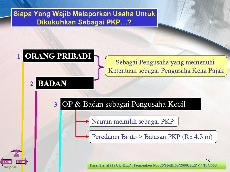 Siapa Yang Wajib Melaporkan Usaha Untuk Dikukuhkan Sebagai PKP…? 1 ORANG PRIBADI Sebagai Pengusaha