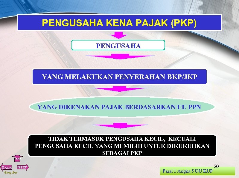 PENGUSAHA KENA PAJAK (PKP) PENGUSAHA YANG MELAKUKAN PENYERAHAN BKP/JKP YANG DIKENAKAN PAJAK BERDASARKAN UU