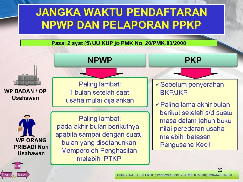 JANGKA WAKTU PENDAFTARAN NPWP DAN PELAPORAN PPKP Pasal 2 ayat (5) UU KUP jo