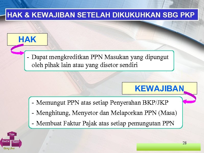 HAK & KEWAJIBAN SETELAH DIKUKUHKAN SBG PKP HAK - Dapat mengkreditkan PPN Masukan yang