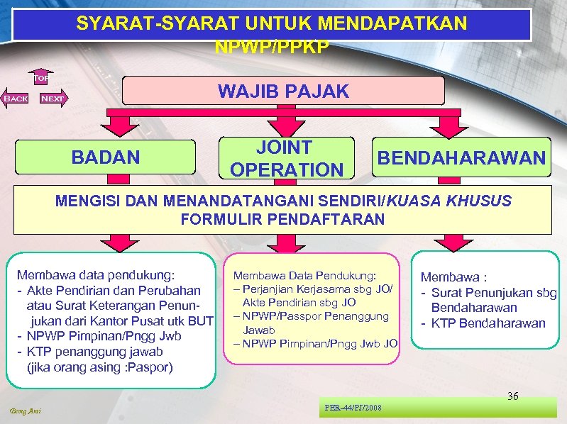 SYARAT-SYARAT UNTUK MENDAPATKAN NPWP/PPKP Top Back WAJIB PAJAK Next BADAN JOINT OPERATION BENDAHARAWAN MENGISI