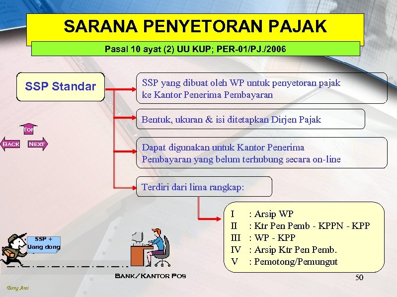 SARANA PENYETORAN PAJAK Pasal 10 ayat (2) UU KUP; PER-01/PJ. /2006 SSP Standar SSP