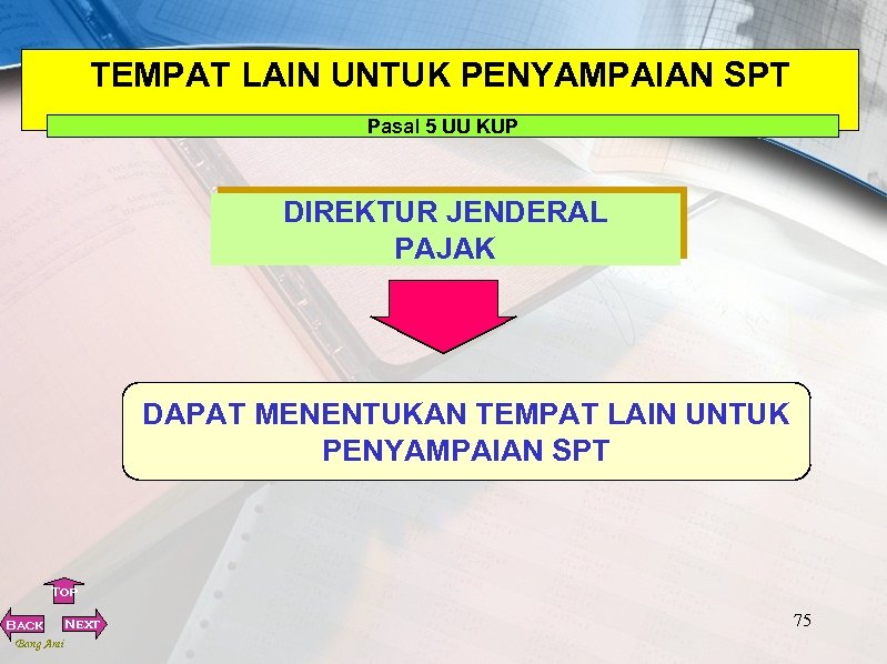 TEMPAT LAIN UNTUK PENYAMPAIAN SPT Pasal 5 UU KUP DIREKTUR JENDERAL PAJAK DAPAT MENENTUKAN