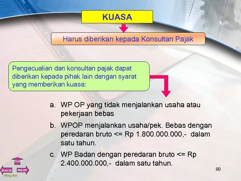 KUASA Harus diberikan kepada Konsultan Pajak Pengecualian dari konsultan pajak dapat diberikan kepada pihak