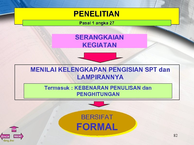 PENELITIAN Pasal 1 angka 27 SERANGKAIAN KEGIATAN MENILAI KELENGKAPAN PENGISIAN SPT dan LAMPIRANNYA Termasuk