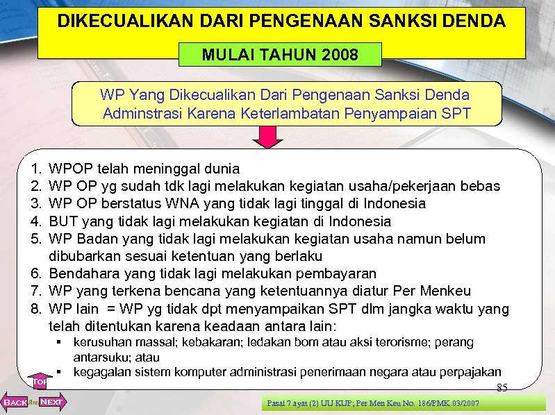 DIKECUALIKAN DARI PENGENAAN SANKSI DENDA MULAI TAHUN 2008 WP Yang Dikecualikan Dari Pengenaan Sanksi