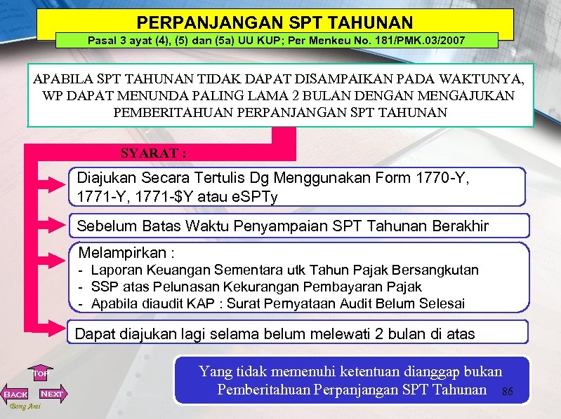 PERPANJANGAN SPT TAHUNAN Pasal 3 ayat (4), (5) dan (5 a) UU KUP; Per