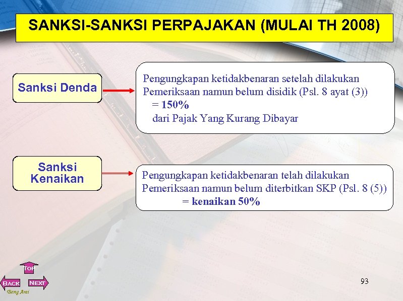 SANKSI-SANKSI PERPAJAKAN (MULAI TH 2008) Sanksi Denda Sanksi Kenaikan Pengungkapan ketidakbenaran setelah dilakukan Pemeriksaan