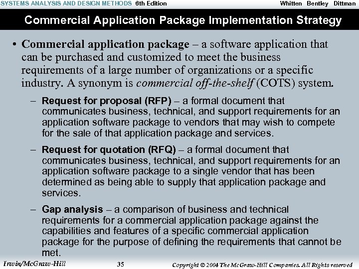 SYSTEMS ANALYSIS AND DESIGN METHODS 6 th Edition Whitten Bentley Dittman Commercial Application Package