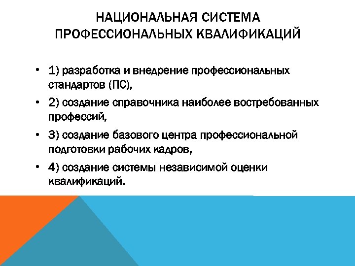 НАЦИОНАЛЬНАЯ СИСТЕМА ПРОФЕССИОНАЛЬНЫХ КВАЛИФИКАЦИЙ • 1) разработка и внедрение профессиональных стандартов (ПС), • 2)