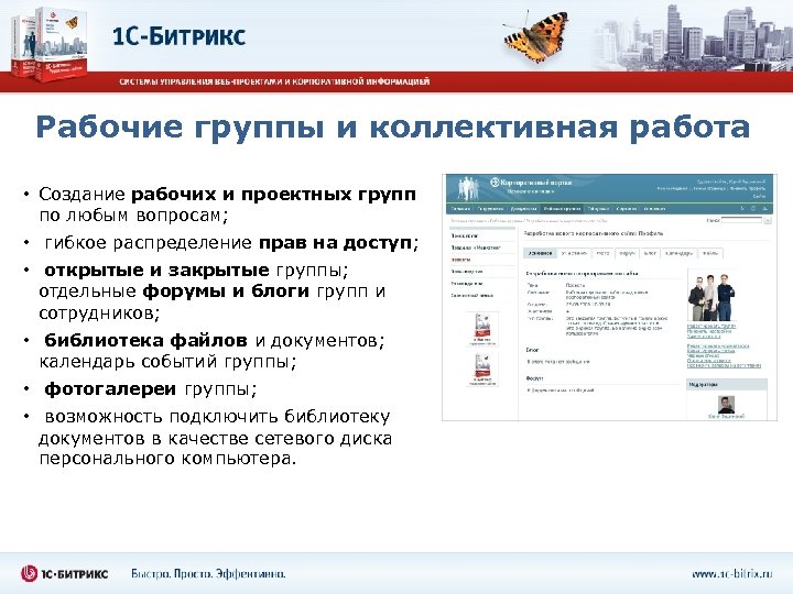 Рабочие группы и коллективная работа • Создание рабочих и проектных групп по любым вопросам;