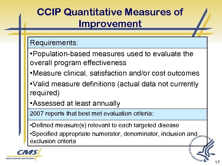 CCIP Quantitative Measures of Improvement Requirements: • Population-based measures used to evaluate the overall