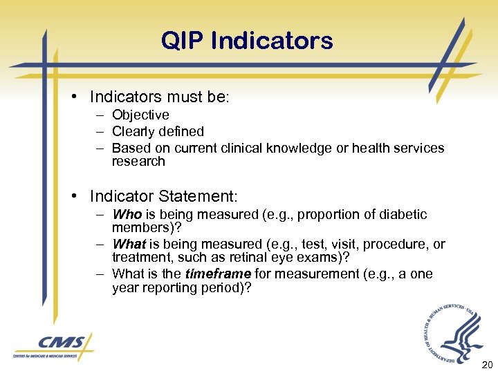 QIP Indicators • Indicators must be: – Objective – Clearly defined – Based on