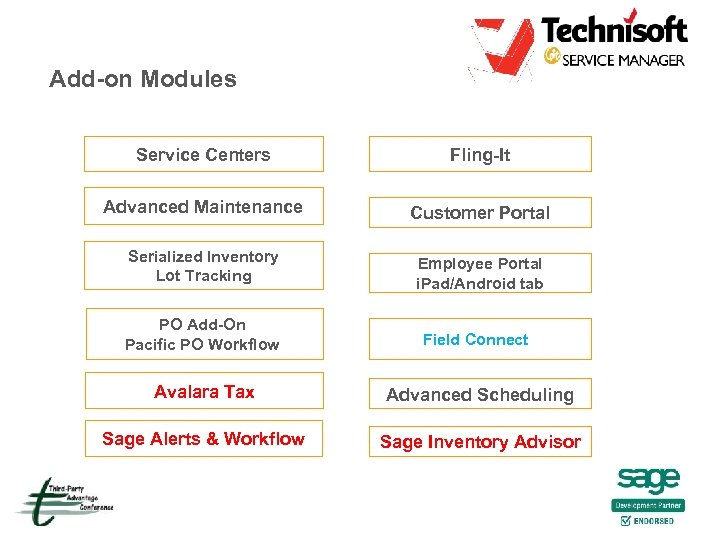 Add-on Modules Service Centers Fling-It Advanced Maintenance Customer Portal Serialized Inventory Lot Tracking Employee