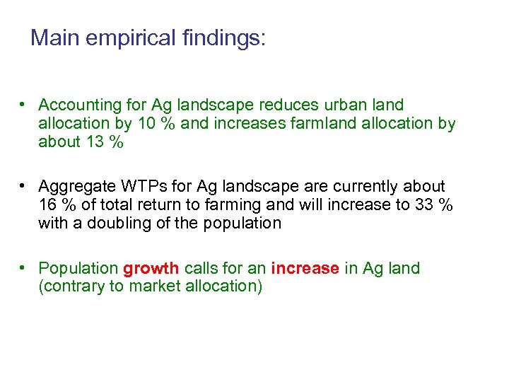 Main empirical findings: • Accounting for Ag landscape reduces urban land allocation by 10