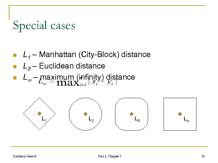 Special cases n n n L 1 – Manhattan (City-Block) distance L 2 –