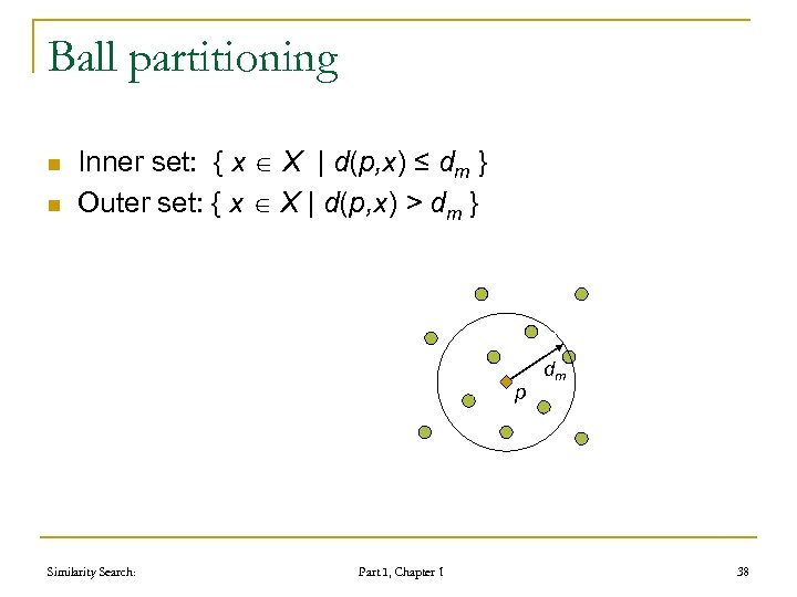 Ball partitioning n n Inner set: { x X | d(p, x) ≤ dm