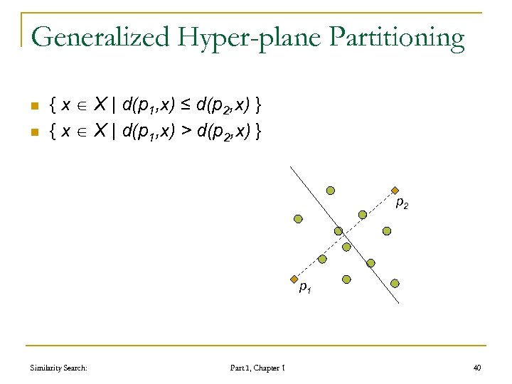 Generalized Hyper-plane Partitioning n n { x X | d(p 1, x) ≤ d(p