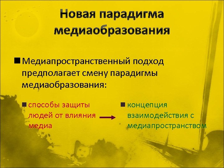 n Медиапространственный подход предполагает смену парадигмы медиаобразования: n способы защиты людей от влияния медиа
