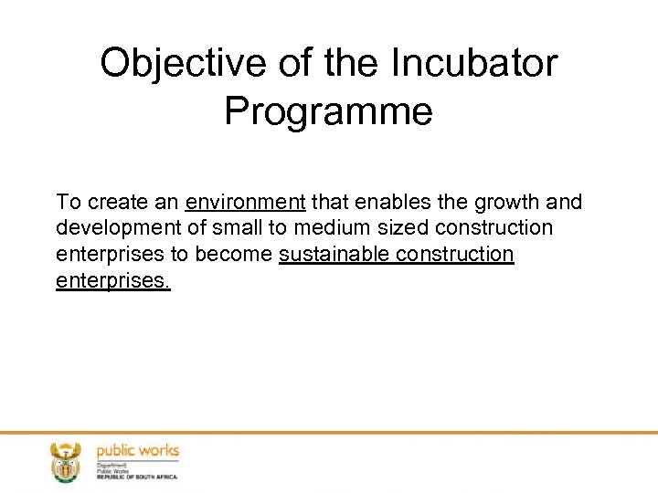Objective of the Incubator Programme To create an environment that enables the growth and