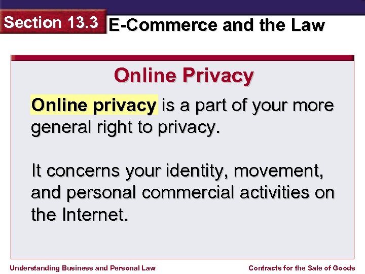 Section 13. 3 E-Commerce and the Law Online Privacy Online privacy is a part