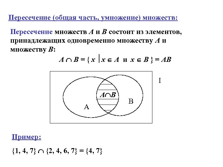 Пересечение (общая часть, умножение) множеств: Пересечение множеств А и В состоит из элементов, принадлежащих