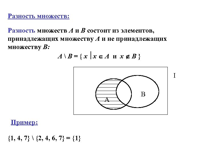 Разность множеств: Разность множеств А и В состоит из элементов, принадлежащих множеству А и