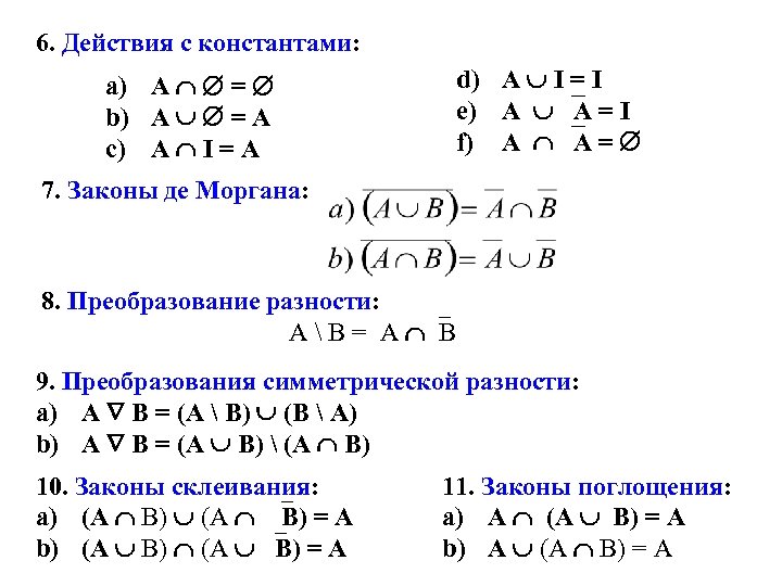 6. Действия с константами: d) A I = I e) A A = I