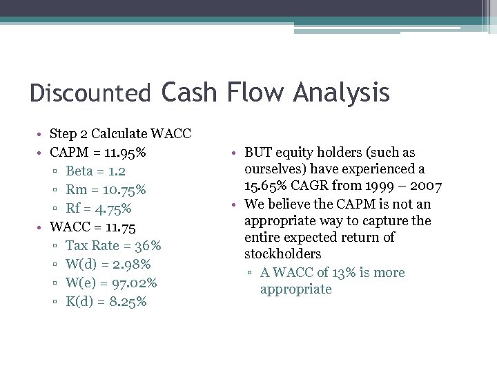 Discounted Cash Flow Analysis • Step 2 Calculate WACC • CAPM = 11. 95%