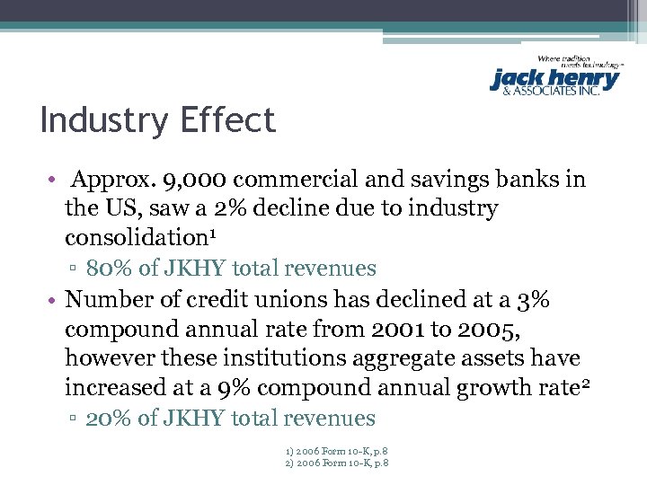 Industry Effect • Approx. 9, 000 commercial and savings banks in the US, saw