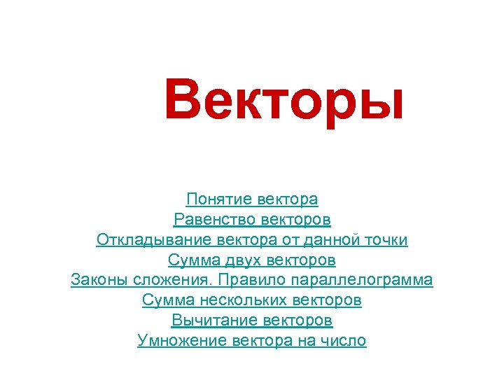 Векторы Понятие вектора Равенство векторов Откладывание вектора от данной точки Сумма двух векторов Законы