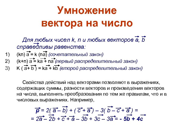 Умножение вектора на число Для любых чисел k, n и любых векторов а, b